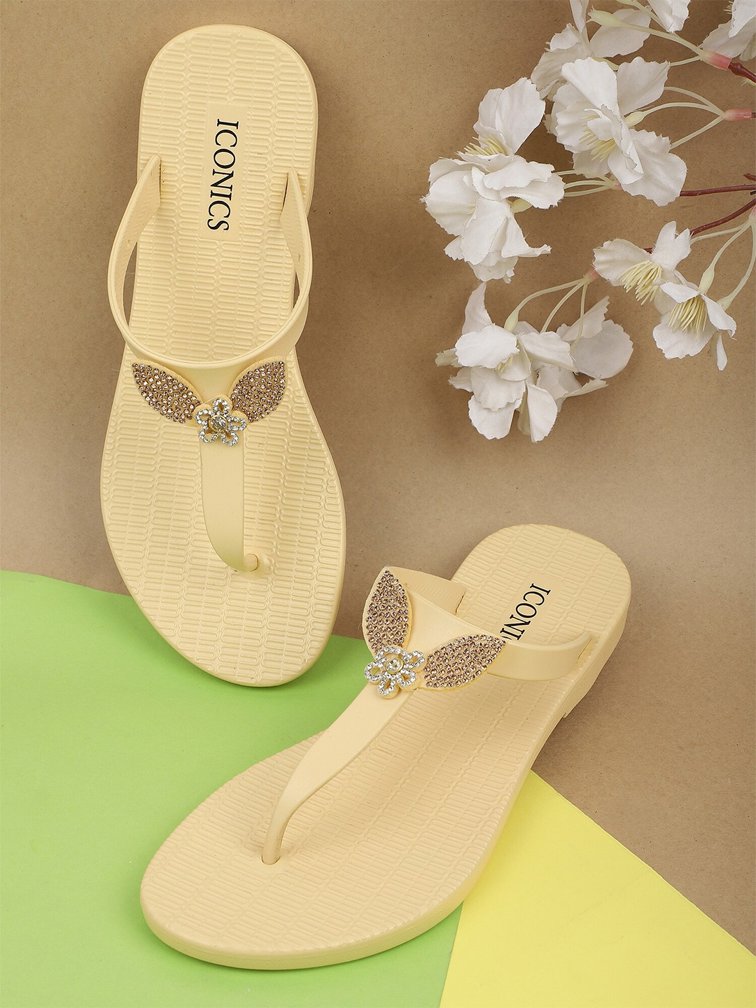 

ICONICS Women Yellow & Brown Thong Flip-Flops