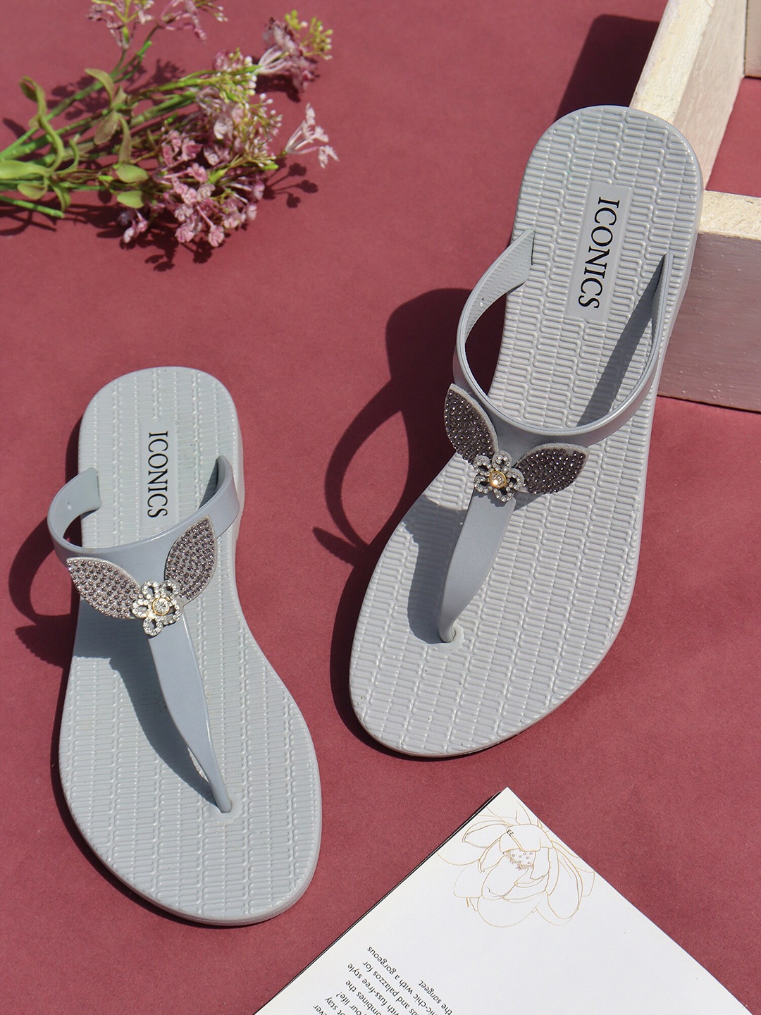 

ICONICS Women Grey & White Thong Flip-Flops