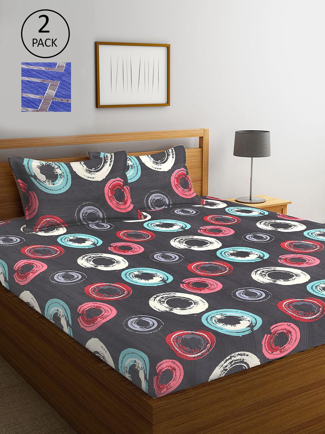 

KLOTTHE Charcoal & Blue Geometric 210 TC 2 King Bedsheet with 4 Pillow Covers