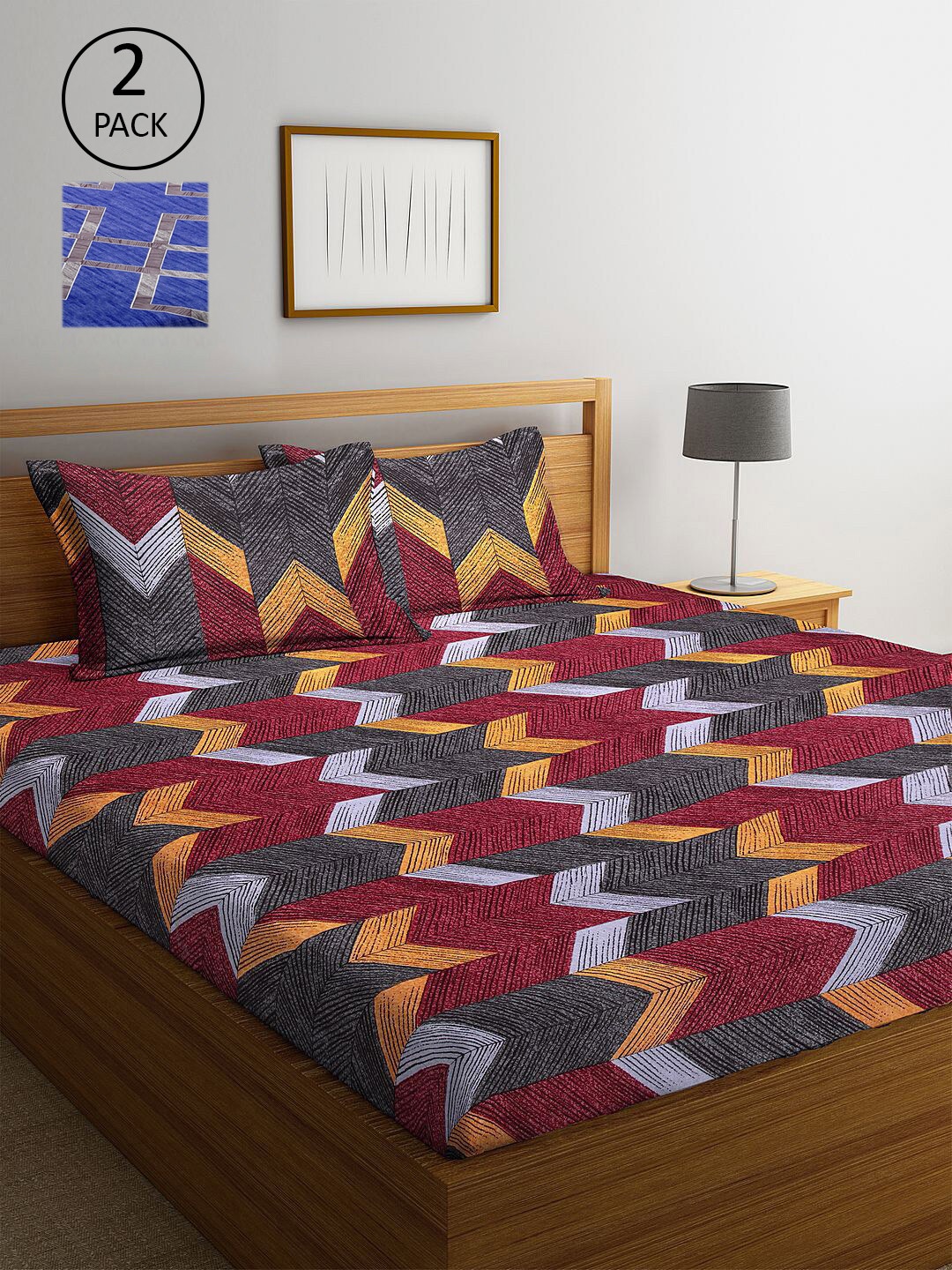 

KLOTTHE Blue & Grey Geometric 210 TC 2 King Bedsheet with 4 Pillow Covers
