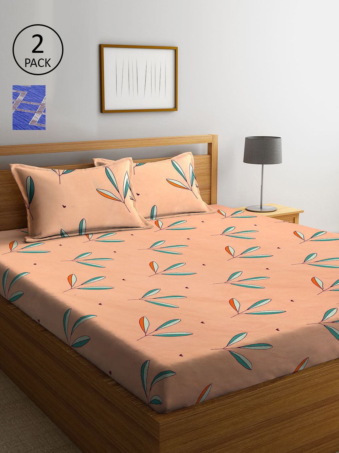 

KLOTTHE Blue & Peach-Coloured Floral 210 TC 2 King Bedsheet with 4 Pillow Covers