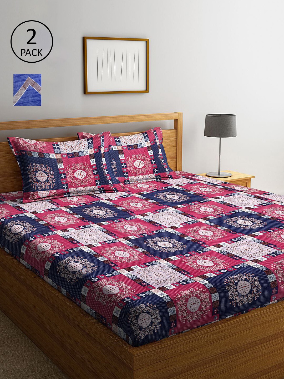 

KLOTTHE Magenta & Navy Blue Printed 210 TC 2 King Bedsheet with 4 Pillow Covers