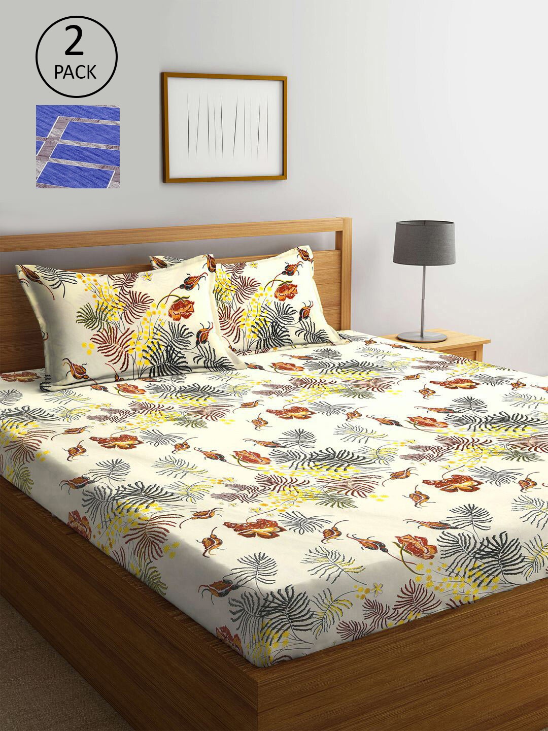 

KLOTTHE Blue & Yellow Printed 210 TC 2 King Bedsheet with 4 Pillow Covers