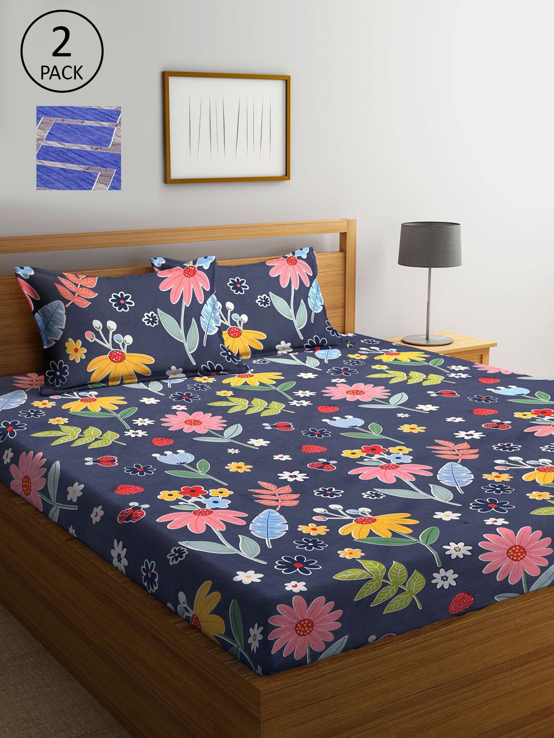 

KLOTTHE Navy Blue & Blue Floral 210 TC 2 King Bedsheet with 4 Pillow Covers