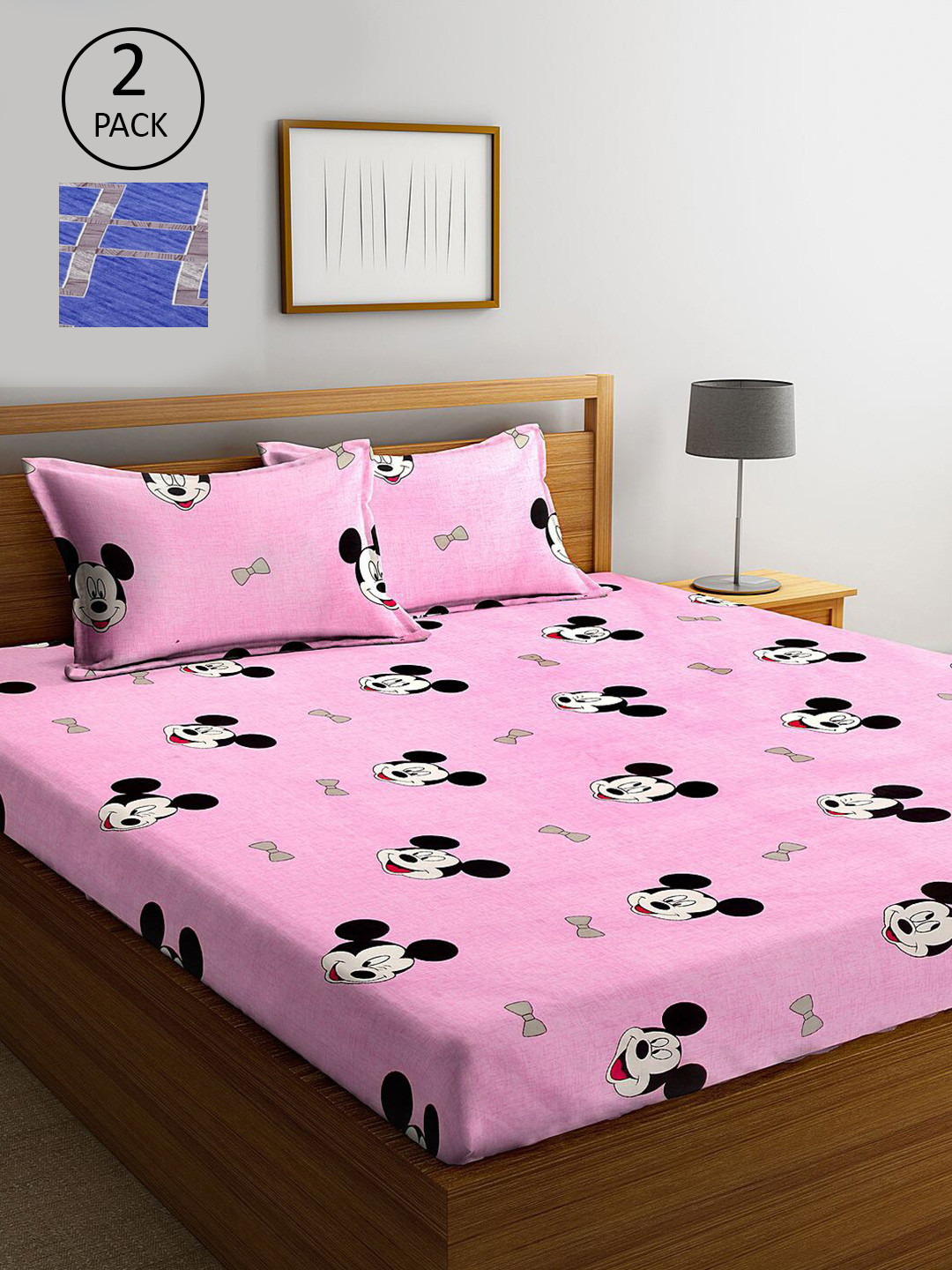 

KLOTTHE Pink & Blue Cartoon Characters 210 TC 2 King Bedsheet with 4 Pillow Covers