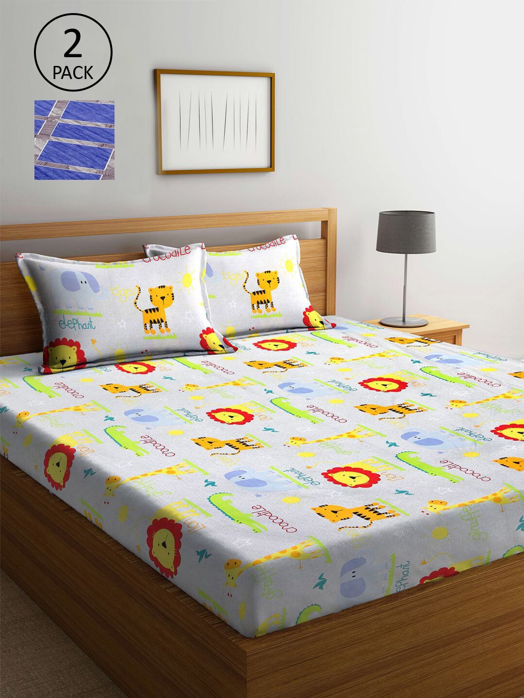 

KLOTTHE Blue & Grey Cartoon Characters 210 TC 2 King Bedsheet with 4 Pillow Covers