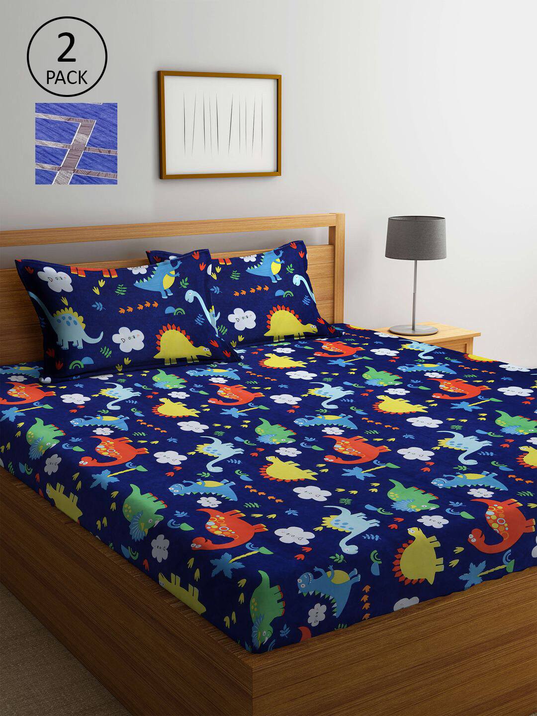 

KLOTTHE Navy Blue & Blue Cartoon Characters 210 TC 2 King Bedsheet with 4 Pillow Covers
