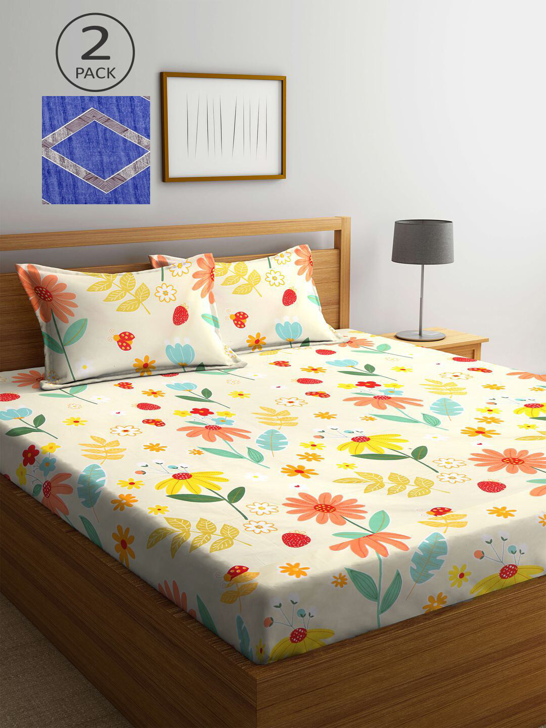 

KLOTTHE Blue & Grey Floral 210 TC 2 King Bedsheet with 4 Pillow Covers