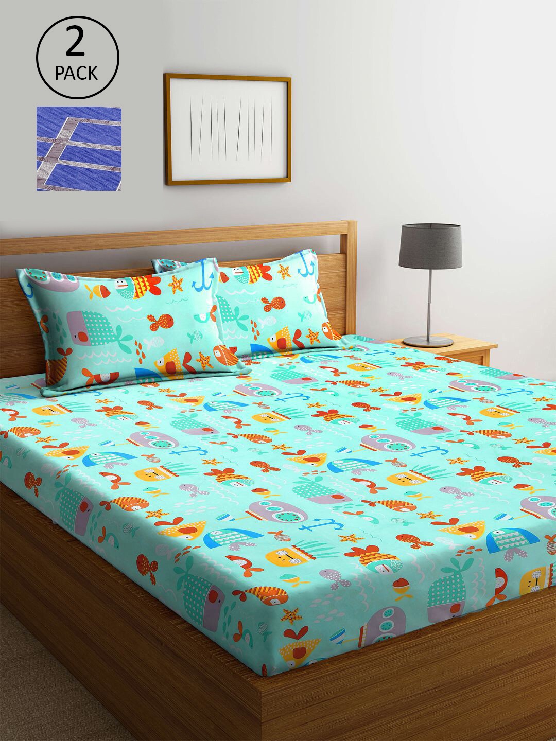 

KLOTTHE Blue & Green Printed 210 TC 2 King Bedsheet with 4 Pillow Covers