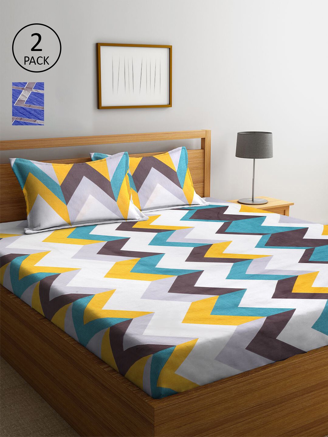 

KLOTTHE Blue & Grey Geometric 210 TC 2 King Bedsheet with 4 Pillow Covers