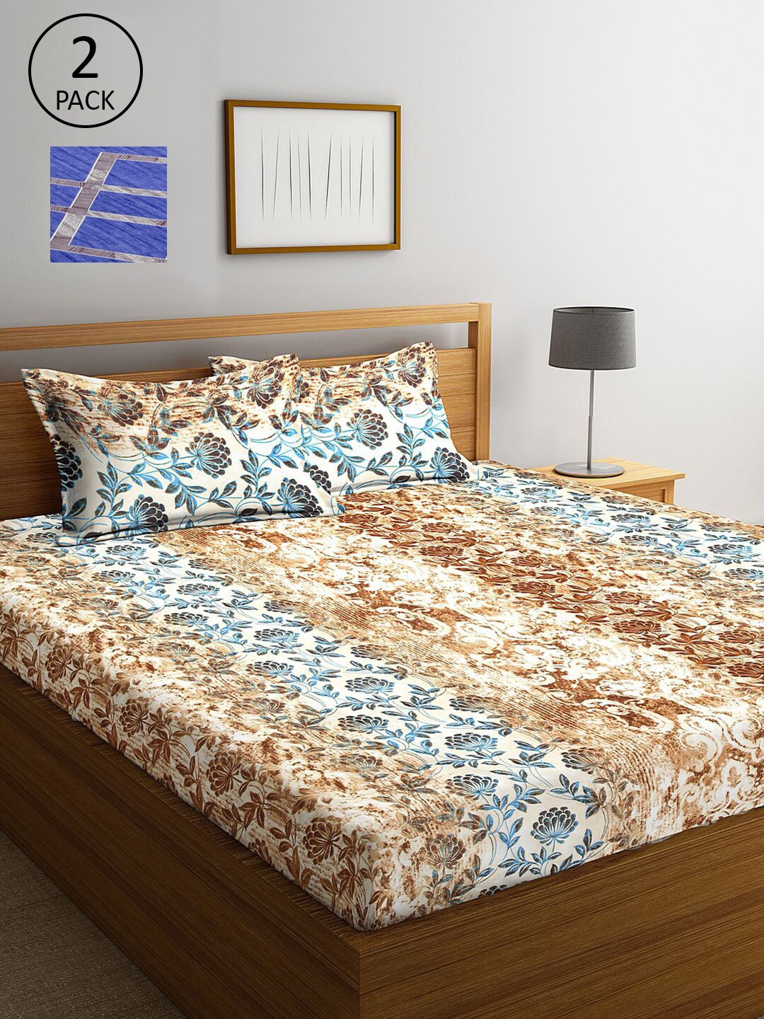 

KLOTTHE Blue & Brown Floral 210 TC 2 King Bedsheet with 4 Pillow Covers