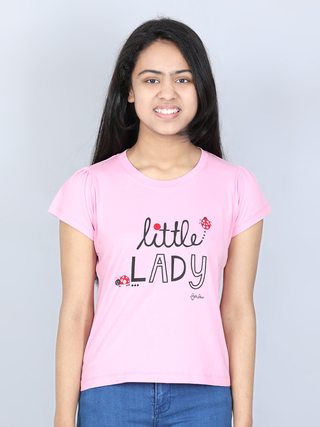 

StyleStone Girls Pink Typography Printed Extended Sleeves Applique T-shirt