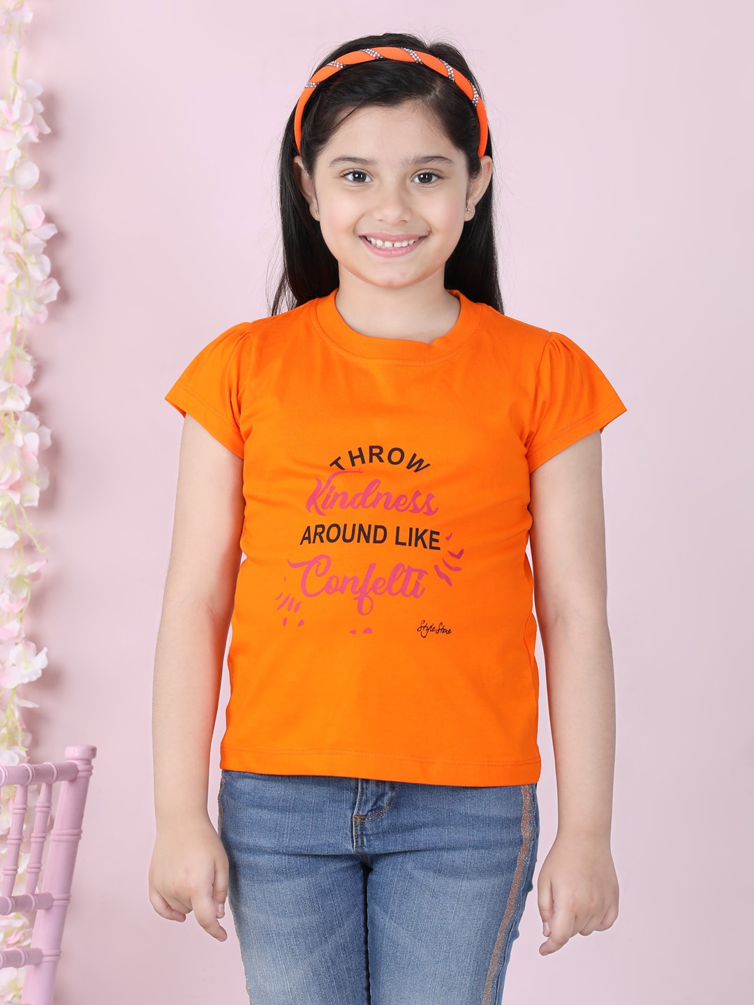 

StyleStone Girls Orange Typography Printed Extended Sleeves T-shirt