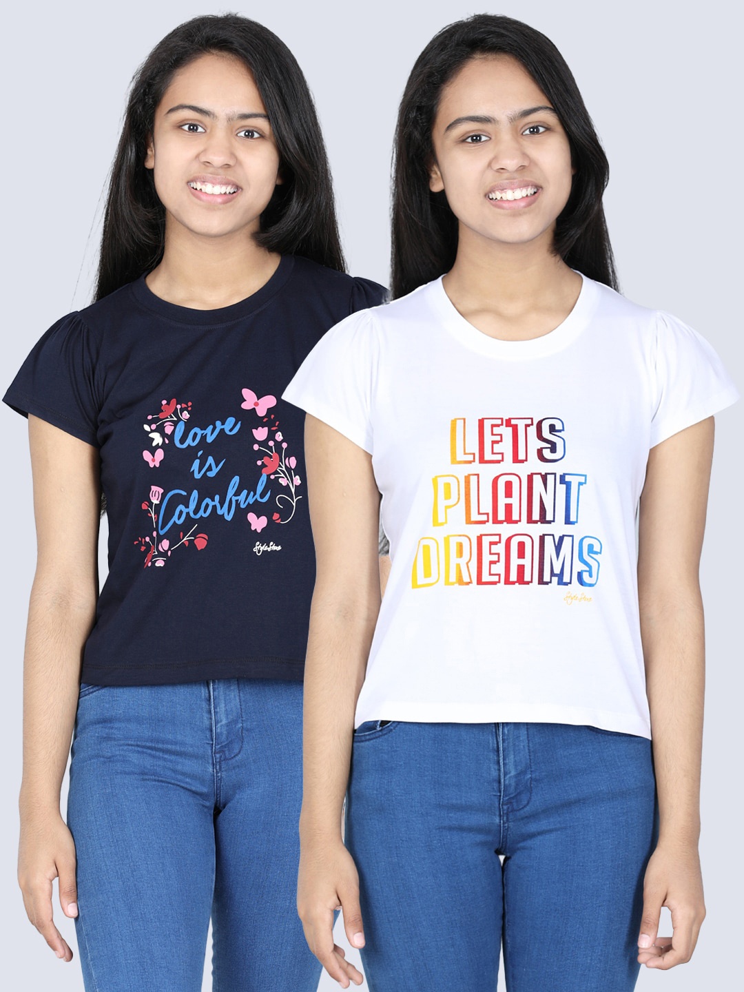 

StyleStone Girls White & Navy Blue Pack Of 2 Printed T-shirts