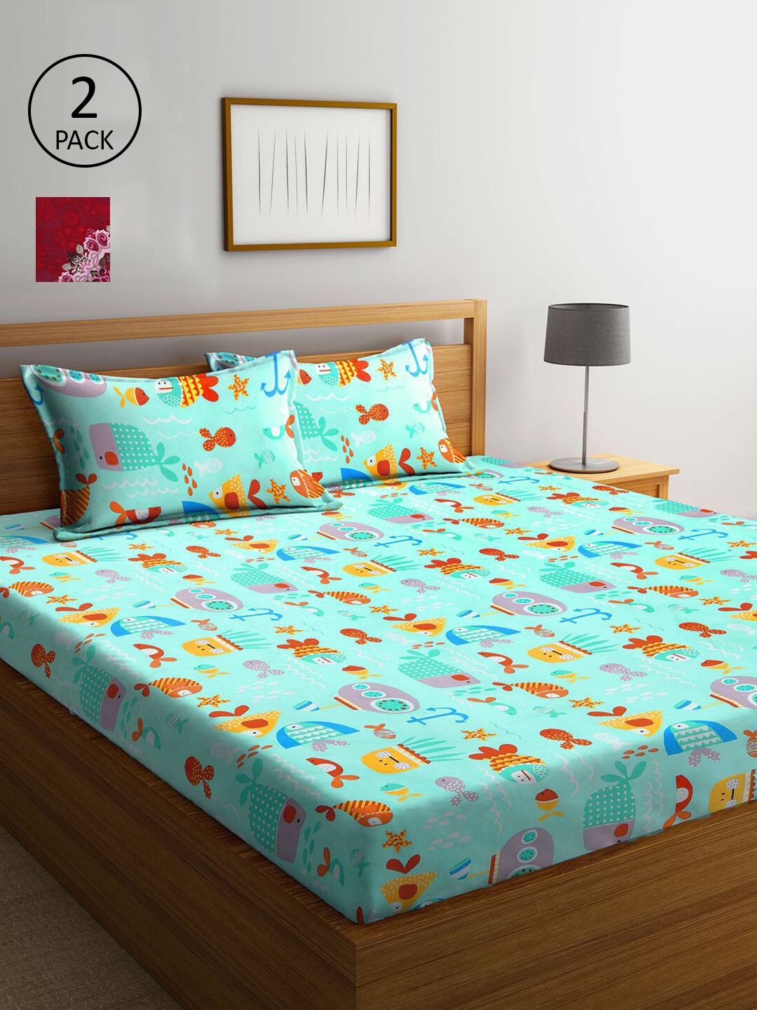 

KLOTTHE Multi Coloured 210 TC Printed Set of 2 King Cotton Bedsheet with 4 Pillow Covers