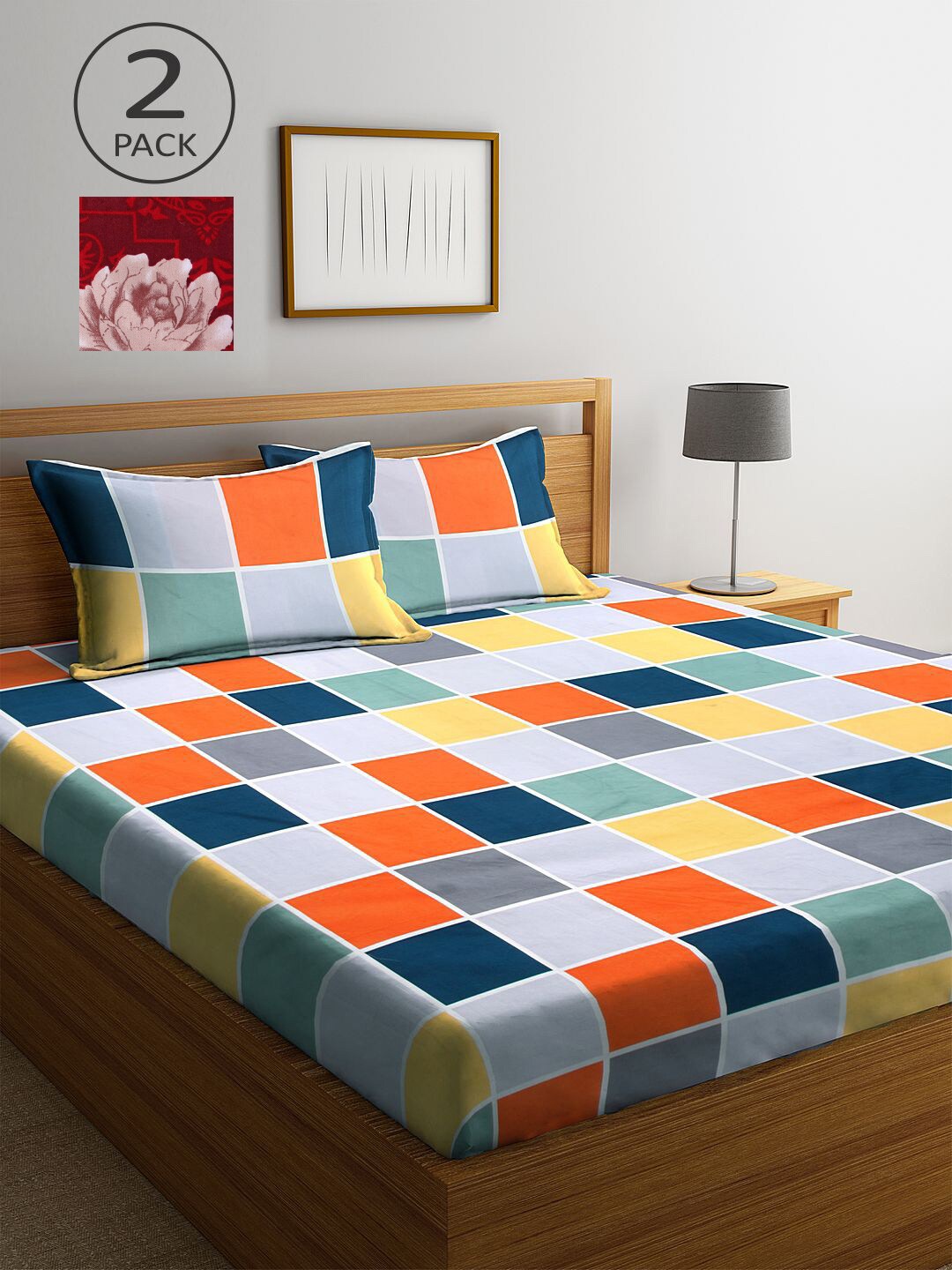 

KLOTTHE Red & Grey Geometric 210 TC 2 King Bedsheet with 4 Pillow Covers