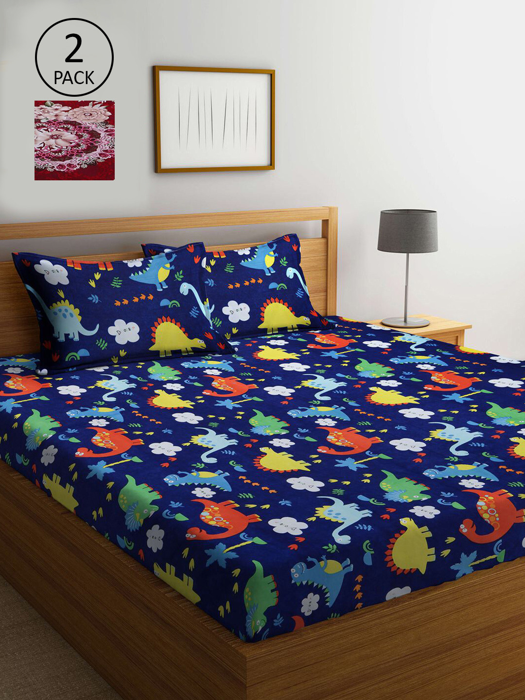 

KLOTTHE Maroon & Navy Blue Printed 210 TC 2 King Bedsheet with 4 Pillow Covers
