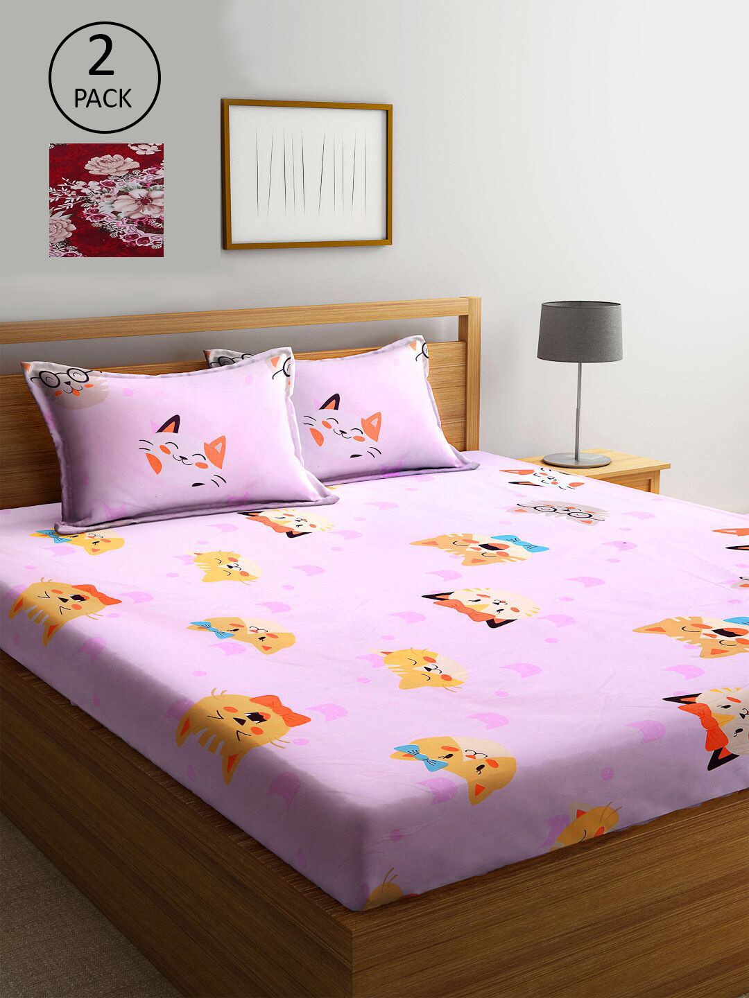 

KLOTTHE Maroon & Pink Printed 210 TC 2 King Bedsheet with 4 Pillow Covers