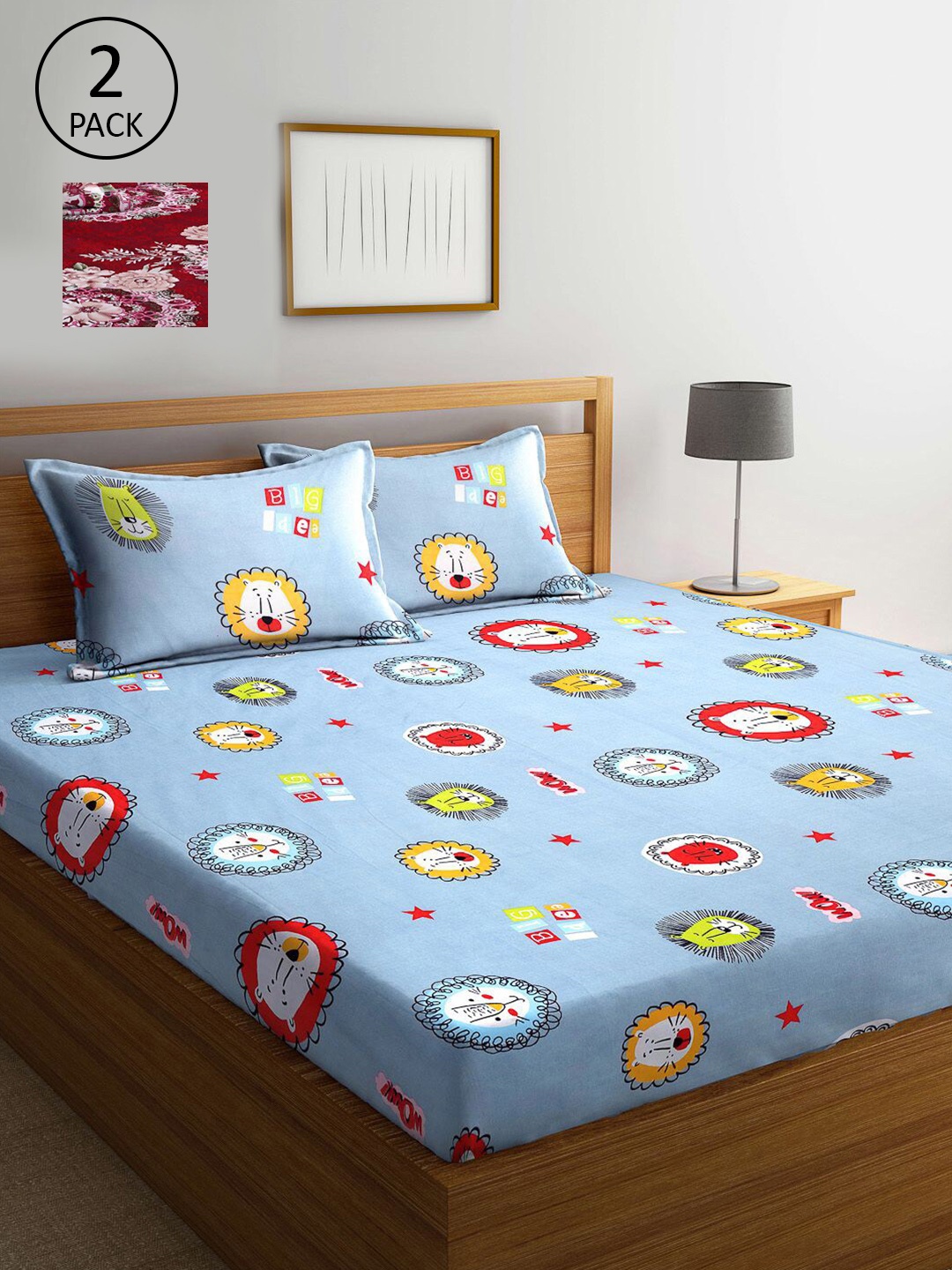 

KLOTTHE Blue & Red Cartoon Characters 300 TC 2 King Bedsheet with 4 Pillow Covers
