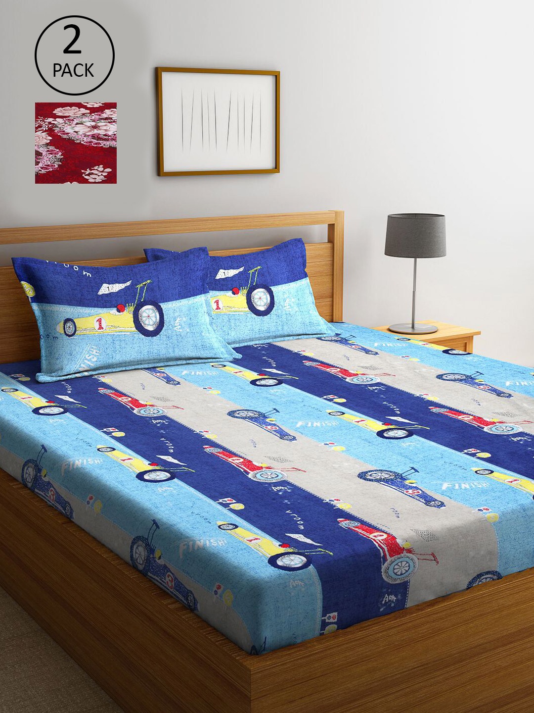 

KLOTTHE Blue & Maroon Cartoon Characters 210 TC 2 King Bedsheet with 4 Pillow Covers
