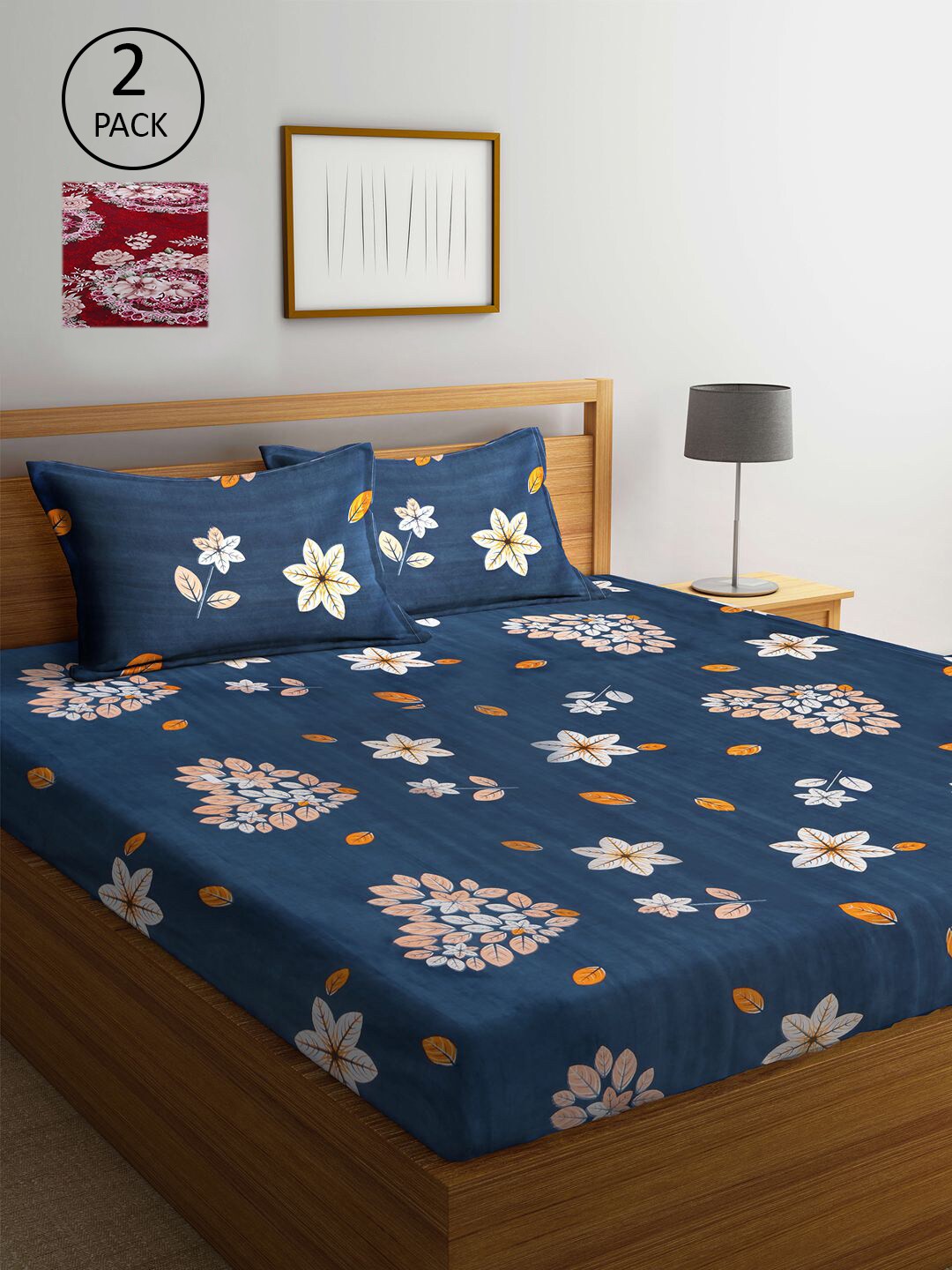 

KLOTTHE Red & Navy Blue Floral 300 TC 2 King Bedsheet with 4 Pillow Covers