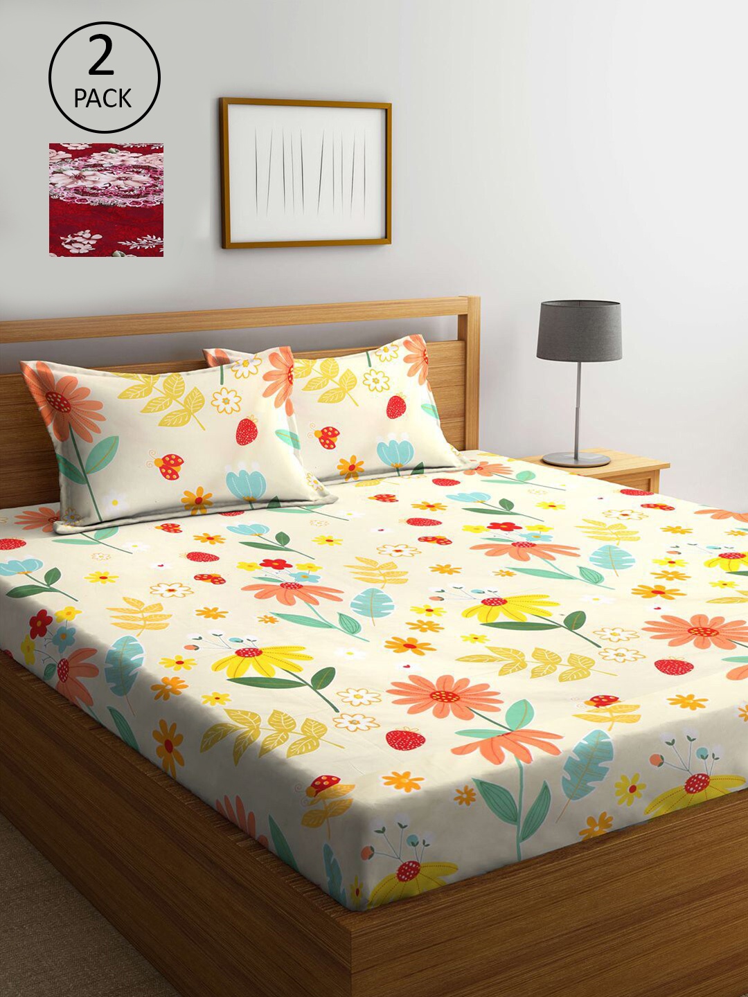 

KLOTTHE Multi Coloured 210 TC Printed Set of 2 King Cotton Bedsheet with 4 Pillow Covers