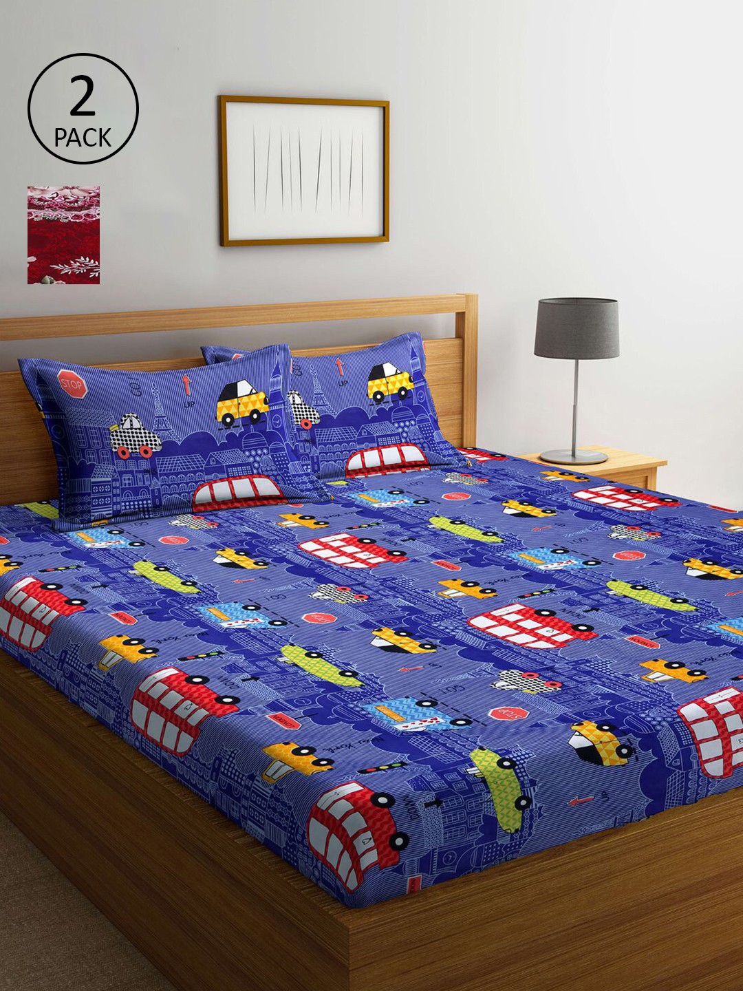

KLOTTHE Blue & Red Floral 210 TC 2 King Bedsheet with 4 Pillow Covers