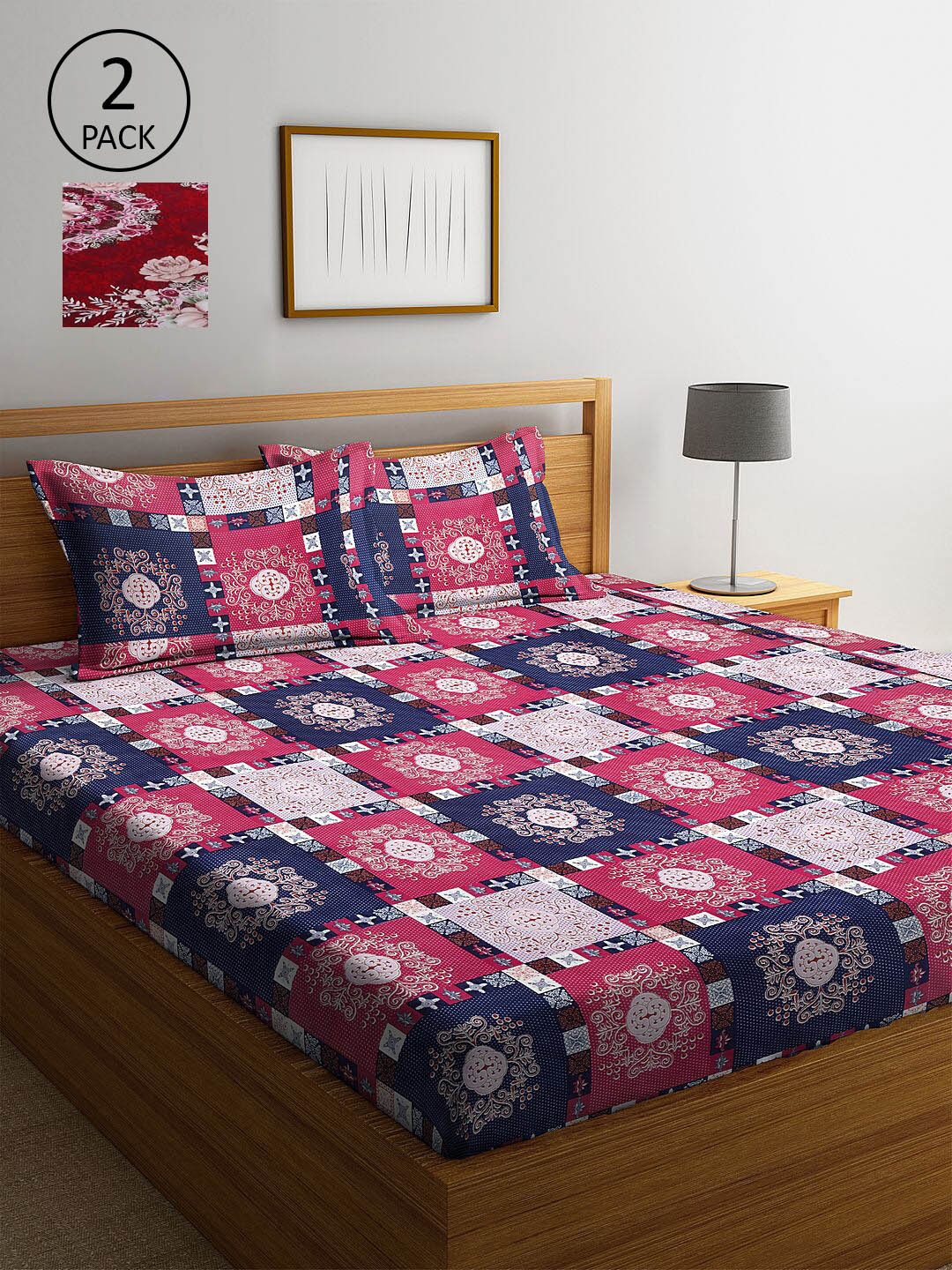 

KLOTTHE Red & Blue Printed 210 TC 2 King Bedsheet with 4 Pillow Covers