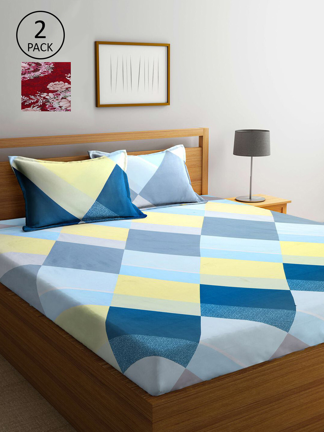 

KLOTTHE Blue & Maroon Geometric 210 TC 2 King Bedsheet with 4 Pillow Covers