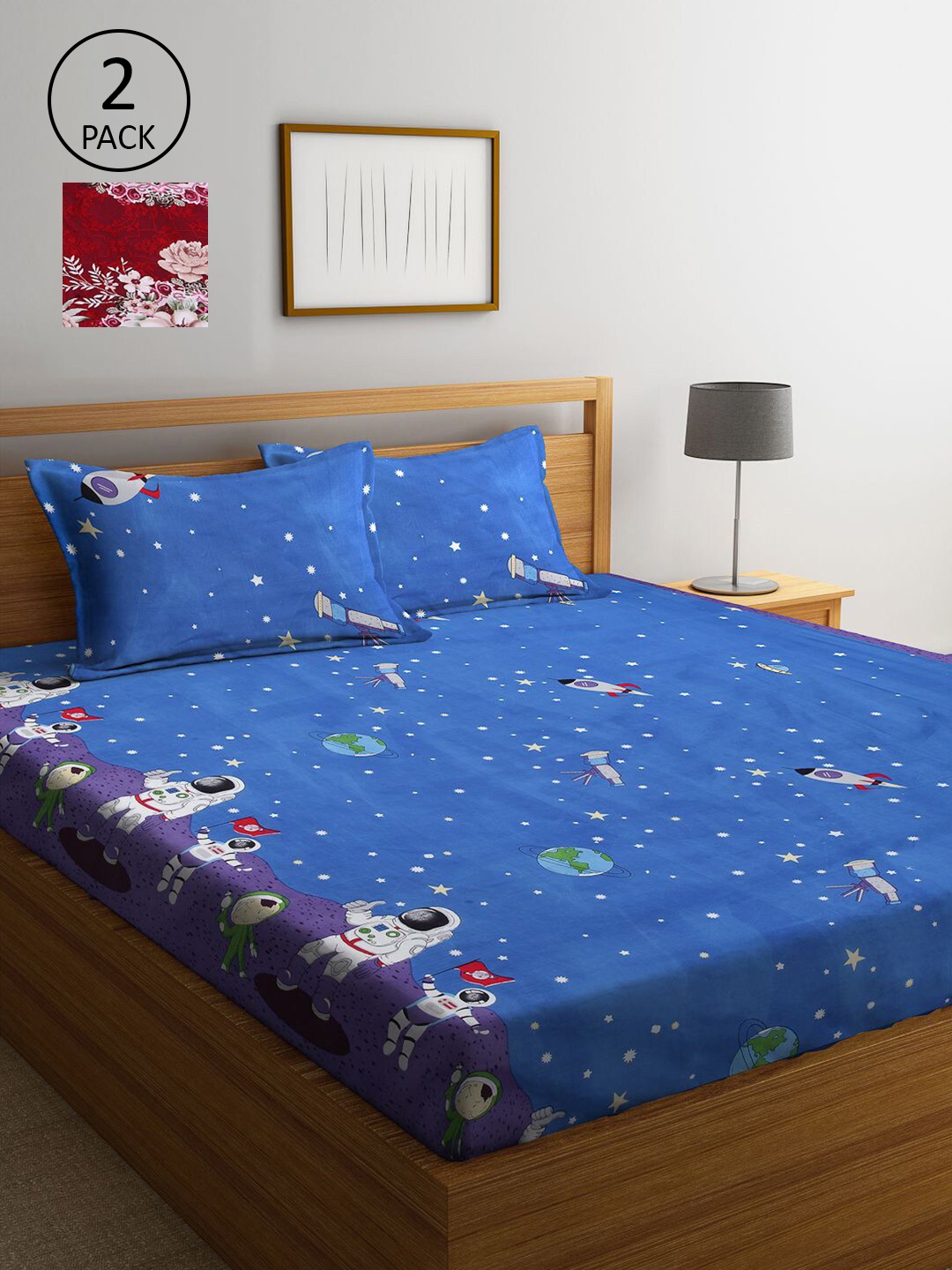 

KLOTTHE Red & Blue Printed 210 TC 2 King Bedsheet with 4 Pillow Covers