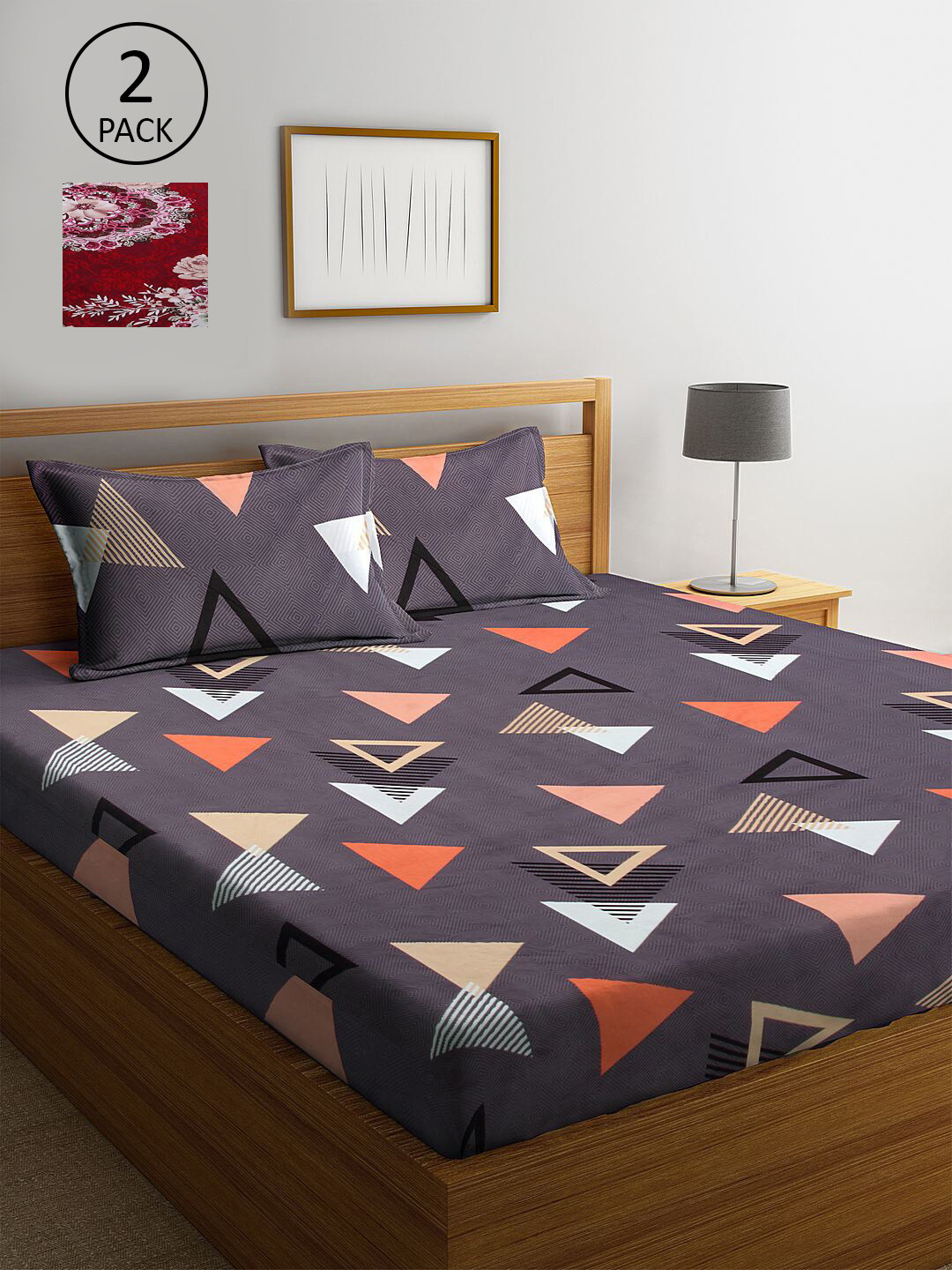 

KLOTTHE Purple & Red Geometric 210 TC 2 King Bedsheet with 4 Pillow Covers