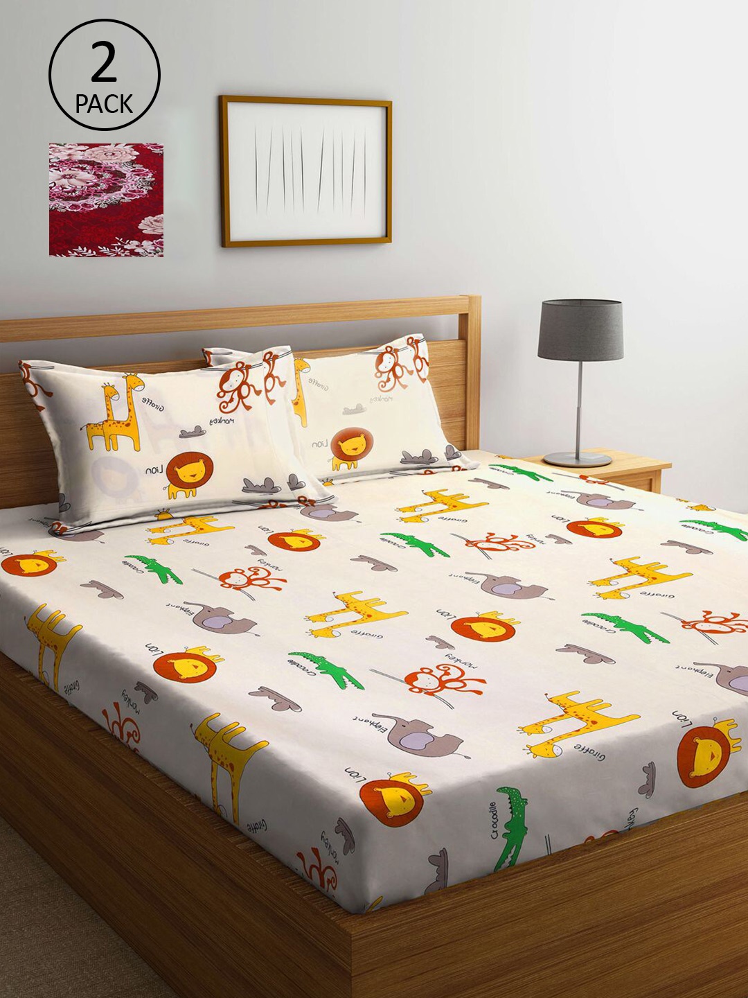 

KLOTTHE Cream-Coloured & Red Cartoon Characters 210 TC 2 King Bedsheet with 4 Pillow Covers