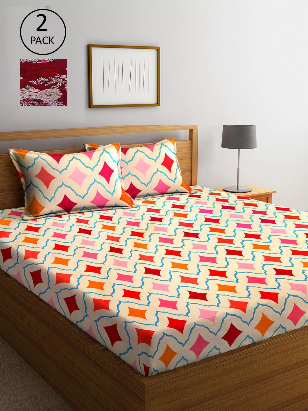 

KLOTTHE Cream & Red Printed 210 TC 2 King Bedsheet with 4 Pillow Covers