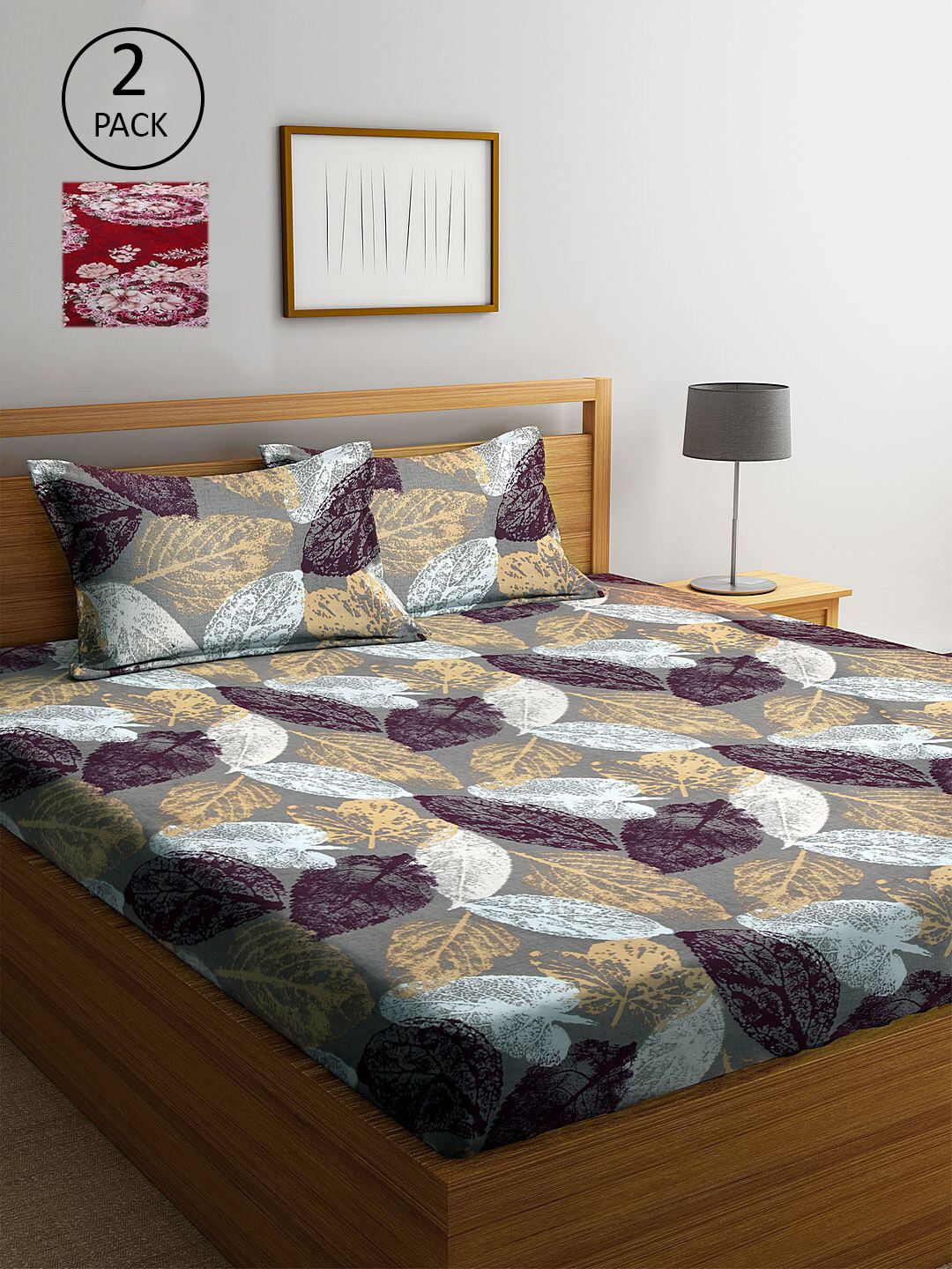 

KLOTTHE Red & Grey Printed 210 TC 2 King Bedsheet with 4 Pillow Covers