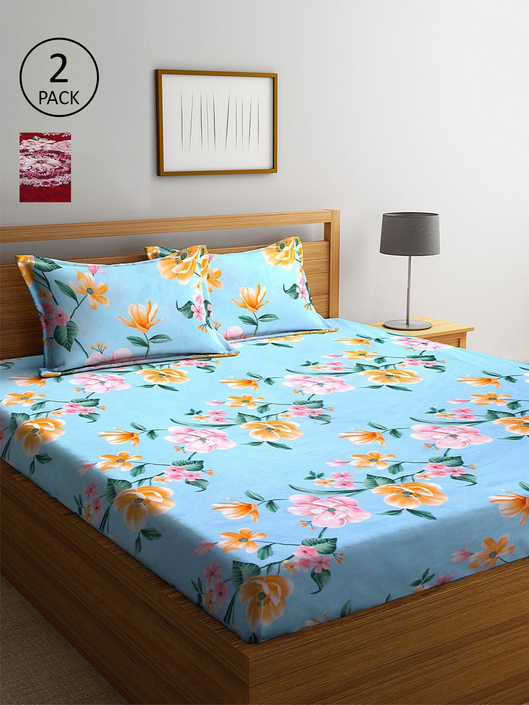 

KLOTTHE Red & Blue Floral 210 TC 2 King Bedsheet with 4 Pillow Covers