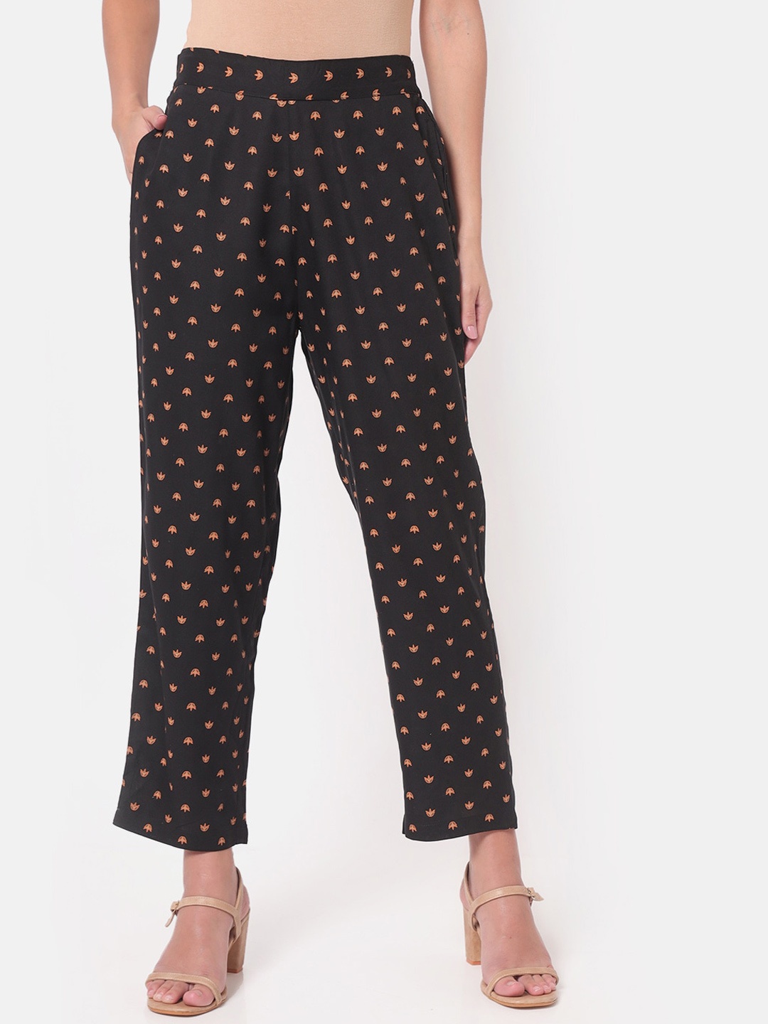 

Saaki Women Black Floral Printed Pleated Trousers