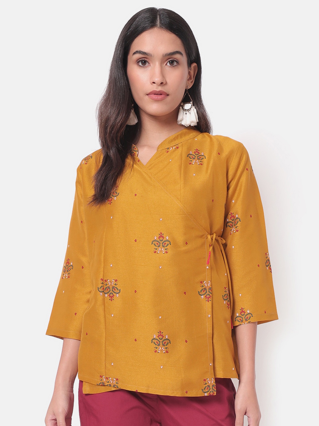 

Saaki Women Yellow Floral Print Mandarin Collar Pure Silk Crepe Wrap Top