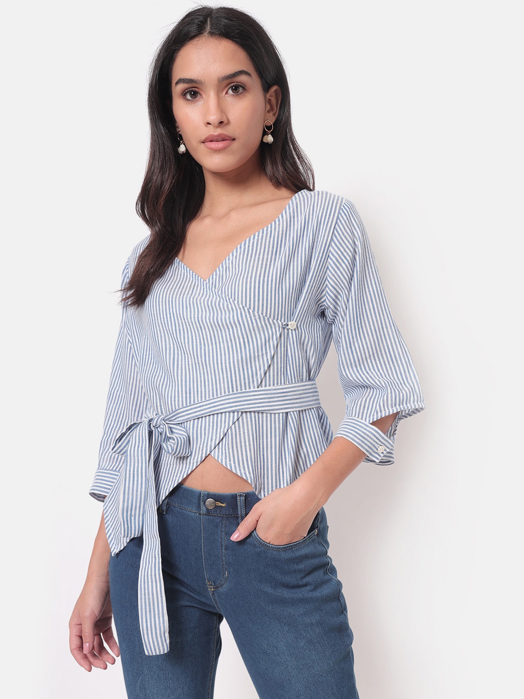 

Saaki Women White & Blue Striped Crepe Wrap Top