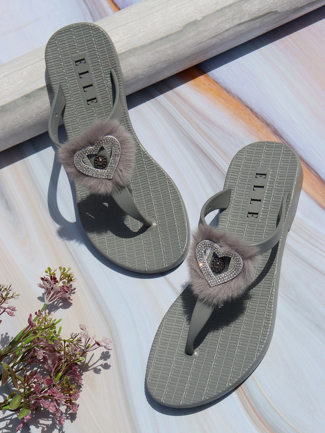 

ELLE Women Grey Embellished Thong Flip-Flops