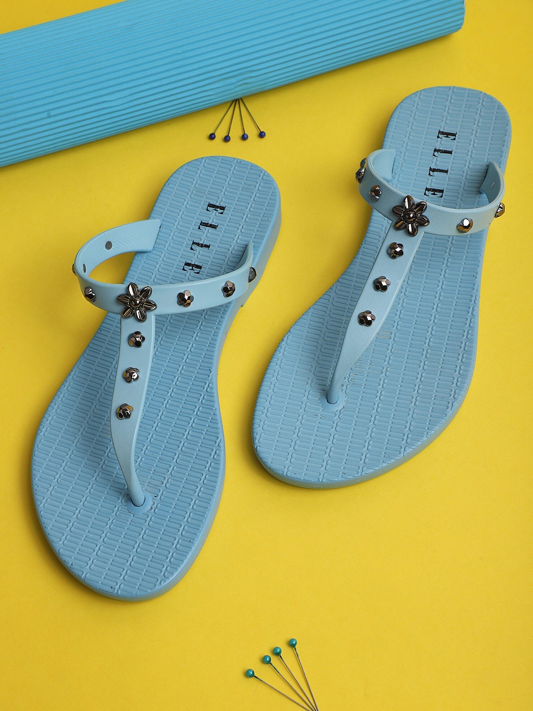 

ELLE Women Blue Embellished T-Strap Flats