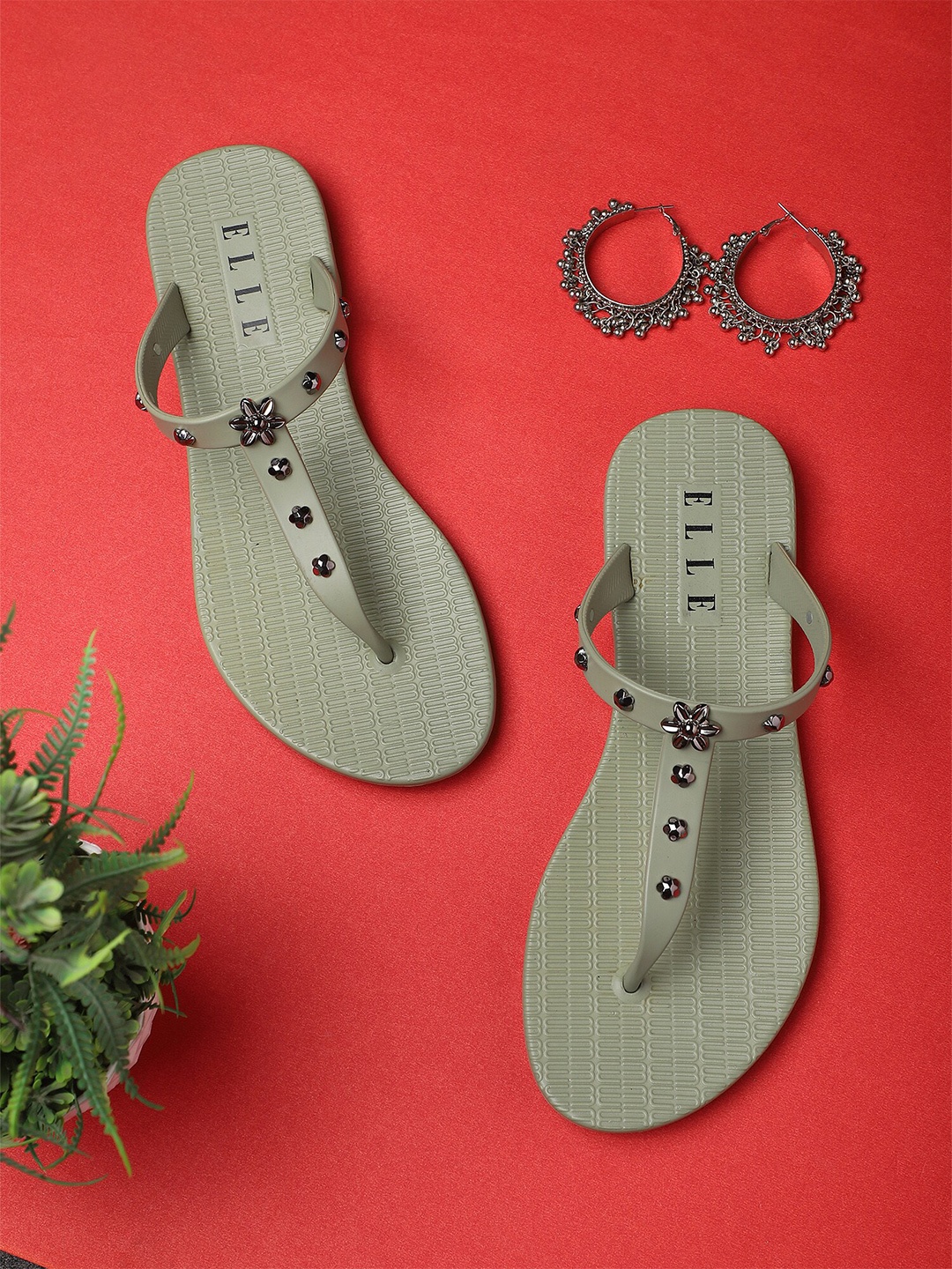 

ELLE Women Green Embellished T-Strap Flats