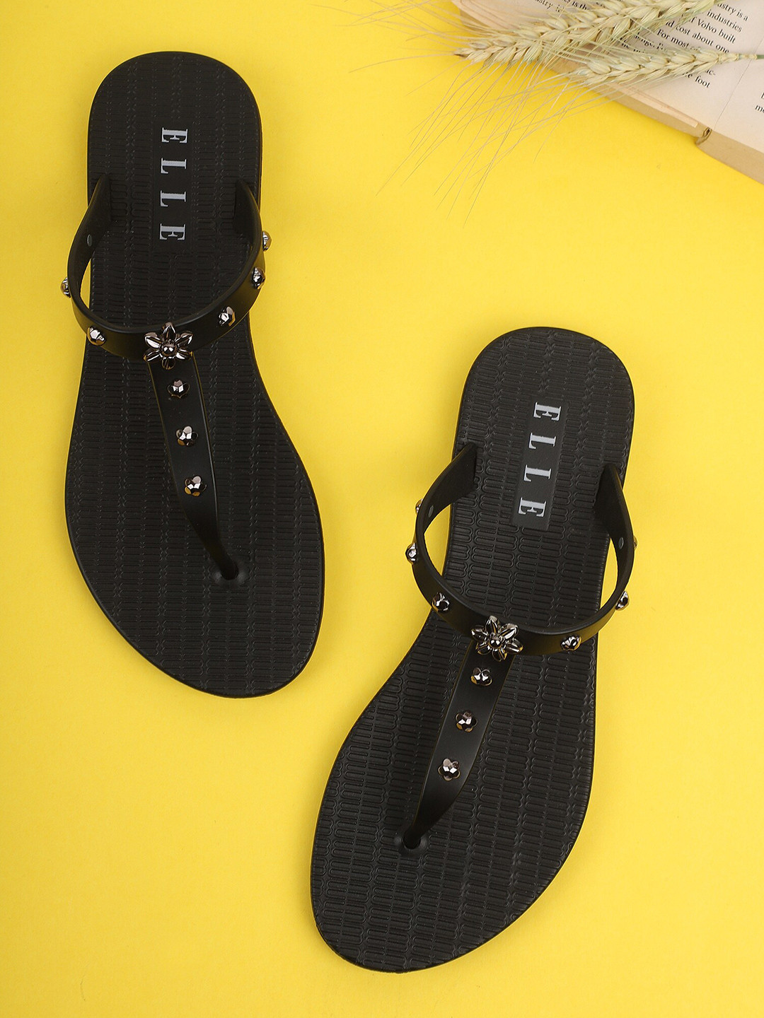 

ELLE Women Black Embellished T-Strap Flats