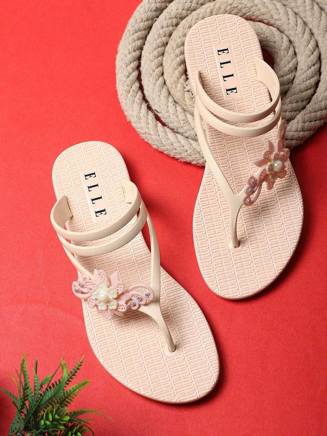 

ELLE Women Nude-Coloured Embellished Thong Flip-Flops