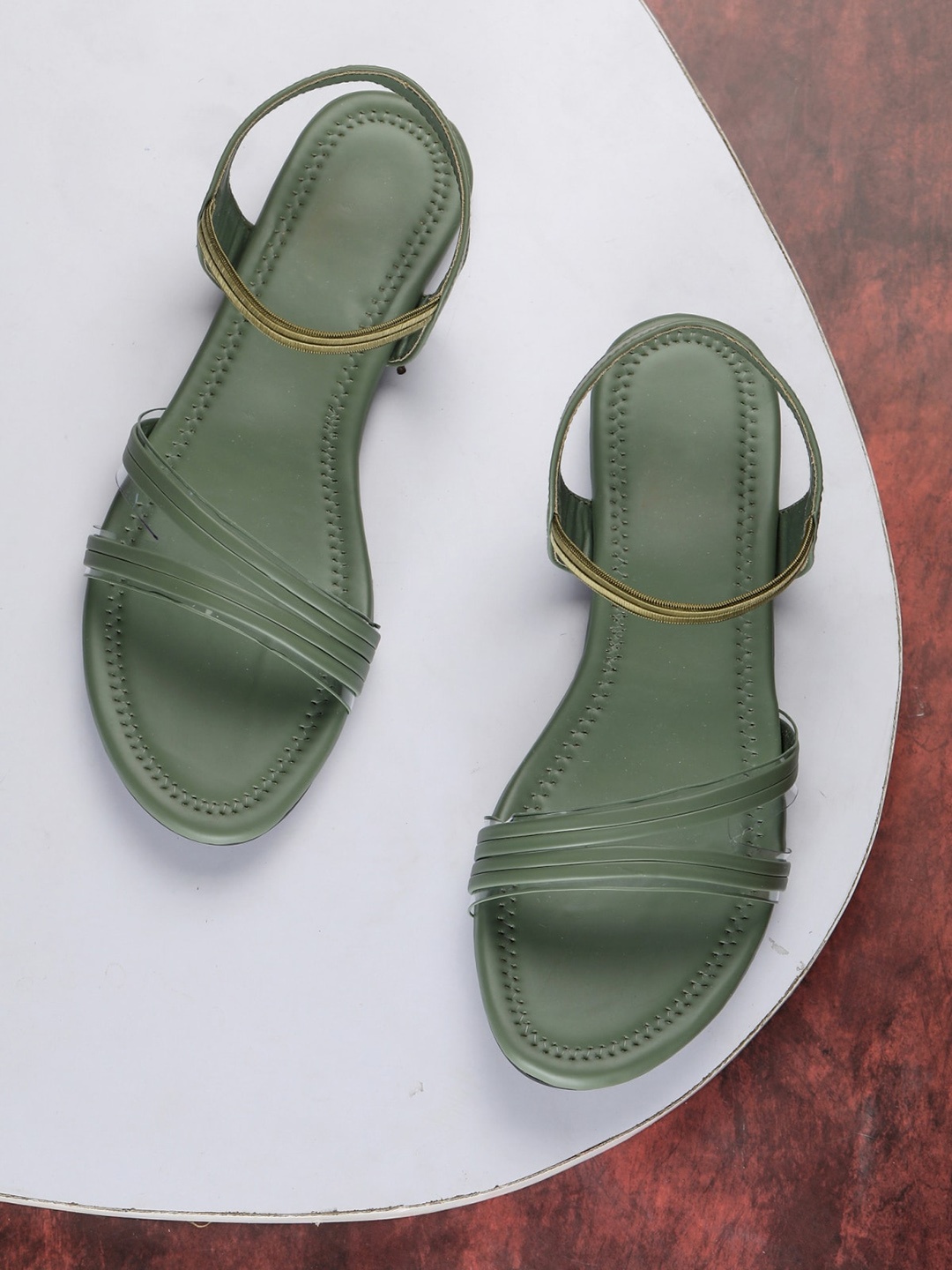 

Myra Women Green Open Toe Flats with Laser Cuts