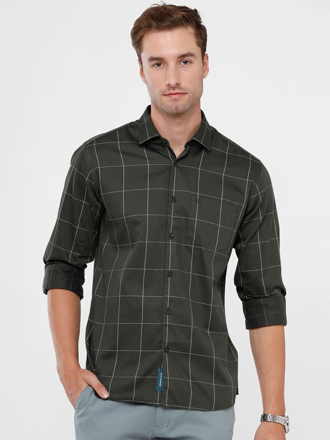 

Linen Club Men Olive Green Windowpane Checked Pure Cotton Casual Shirt