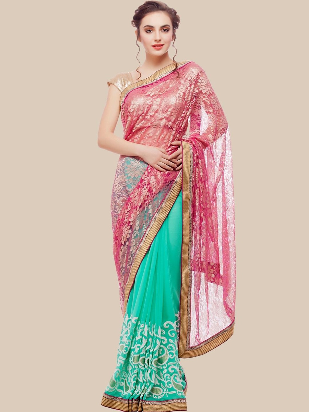 

Chhabra 555 Pink & Green Embellished Embroidered Half and Half Saree
