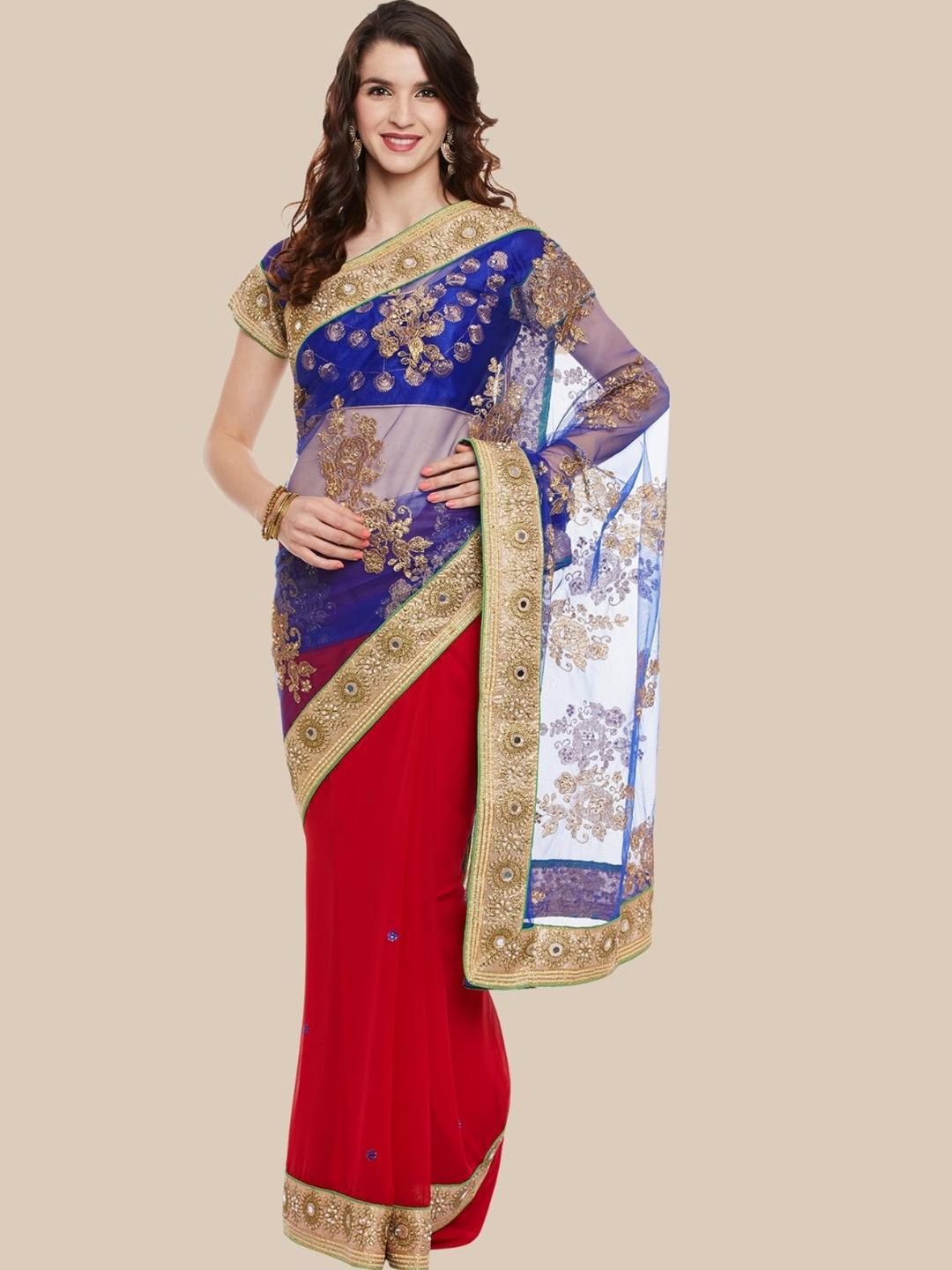 

Chhabra 555 Blue & Red Ethnic Motifs Embroidered Half and Half Georgette Saree