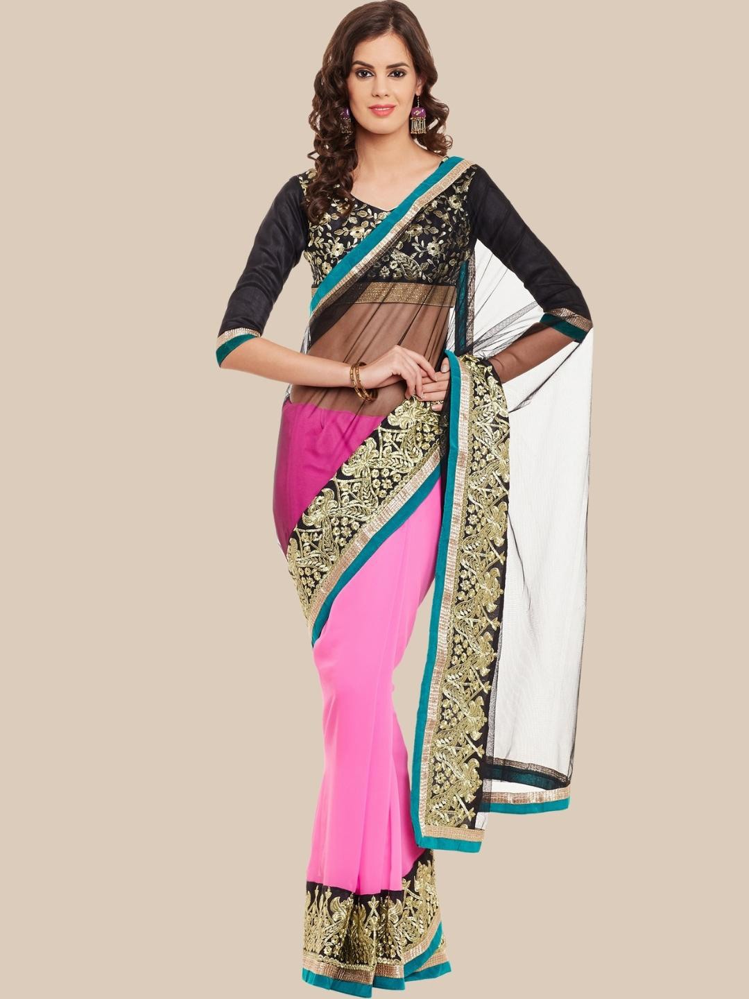 

Chhabra 555 Pink & Black Ethnic Motifs Embroidered Half and Half Saree With Net Pallu