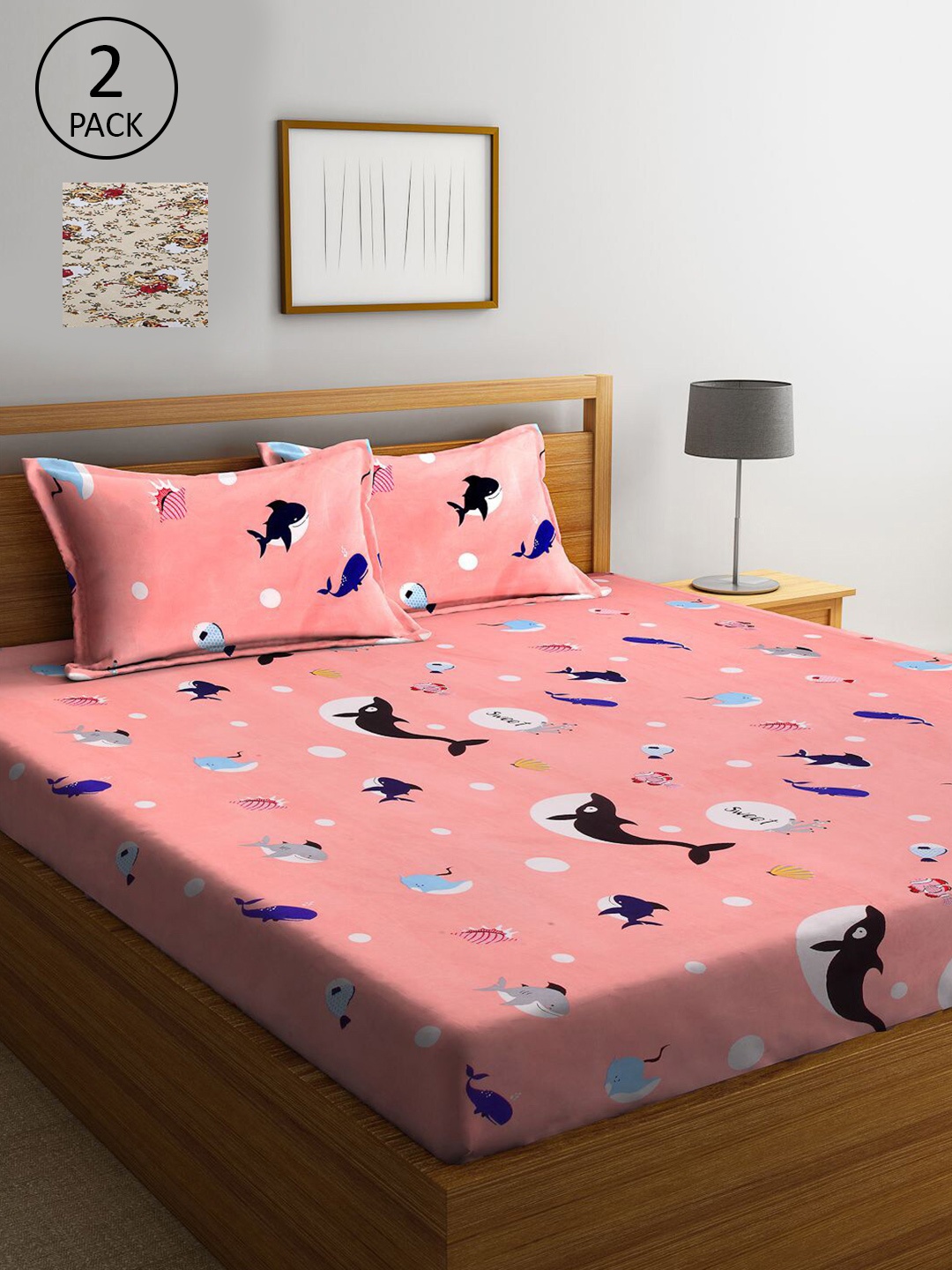 

KLOTTHE Peach & Beige Printed 210 TC 2 King Bedsheet with 4 Pillow Covers