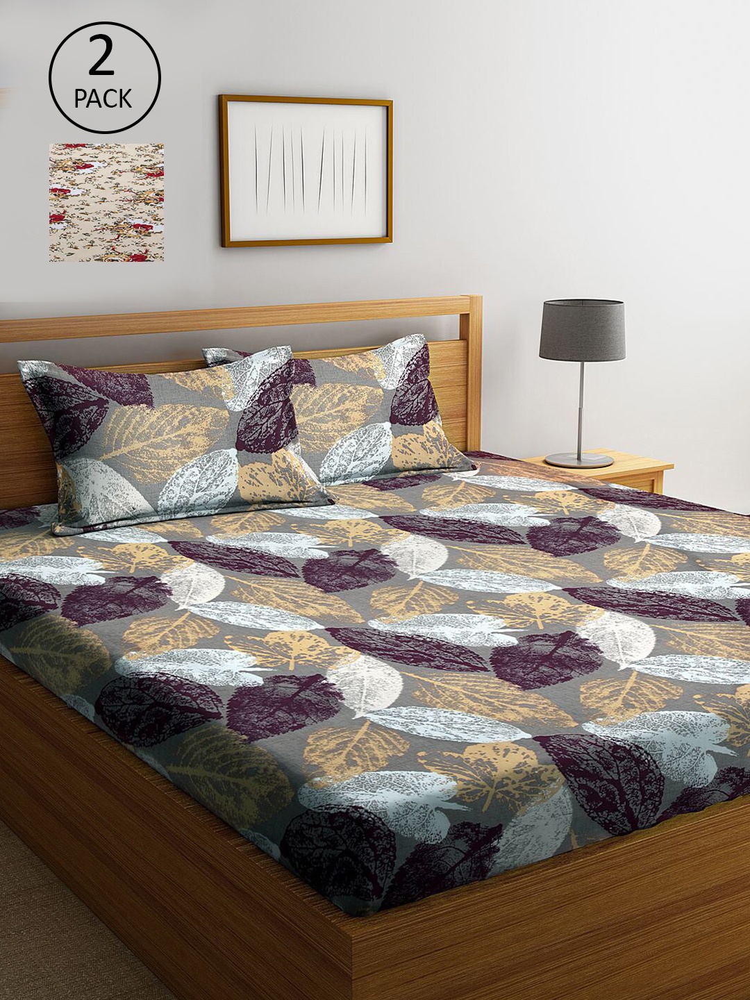 

KLOTTHE Grey & Cream-Coloured Floral 210 TC 2 King Bedsheet with 4 Pillow Covers